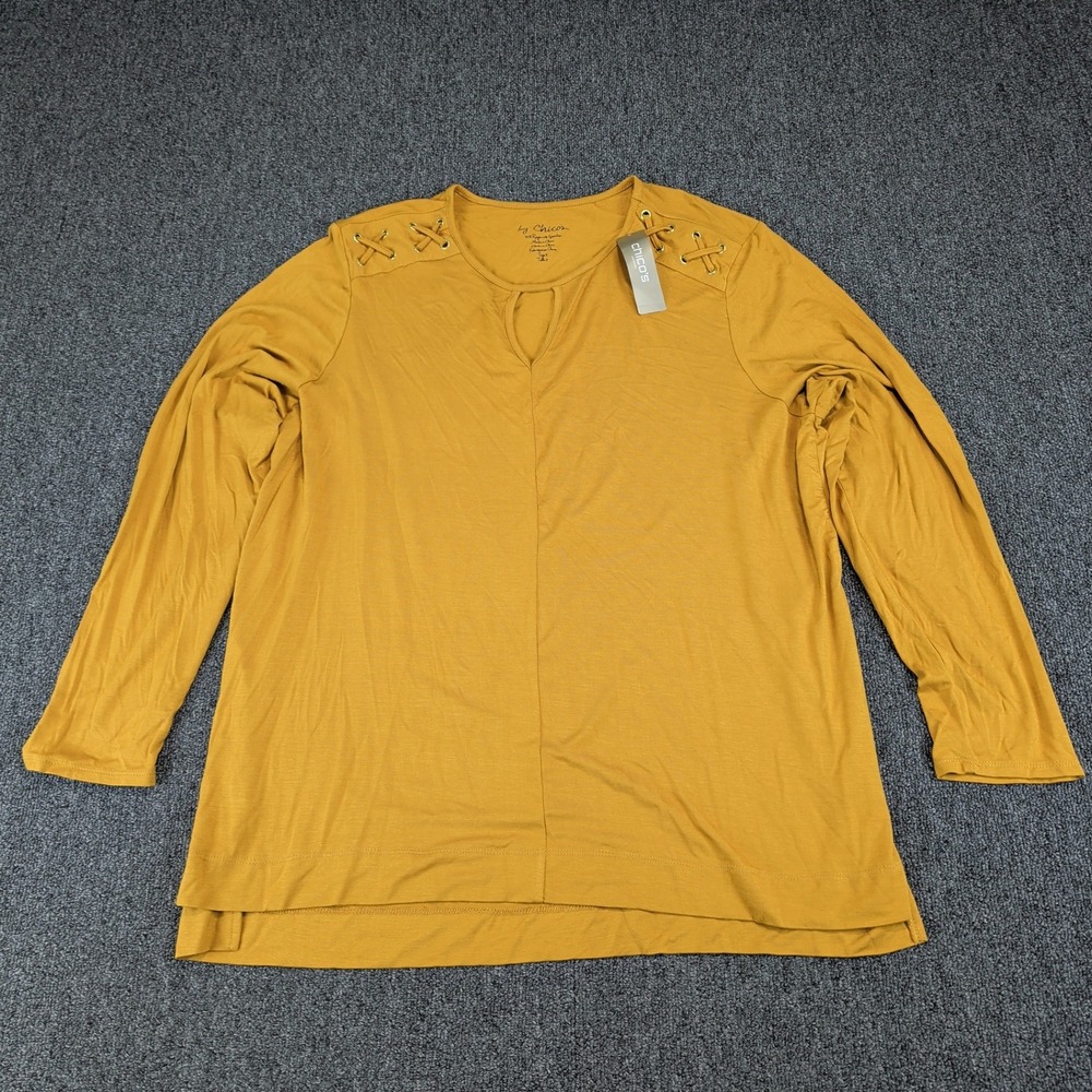 Chicos Boho Lacing Detail Top Womens 3 Burnt Yellow Ochre Long Sleeve Knit NWT — photo 2